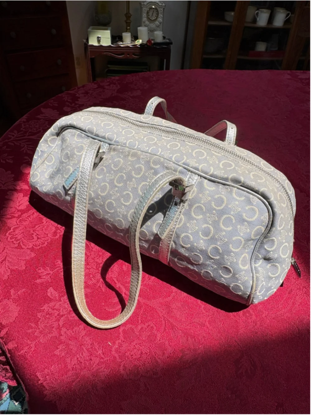 Celine Grey Canvas & Silver Leather Satchel Bag